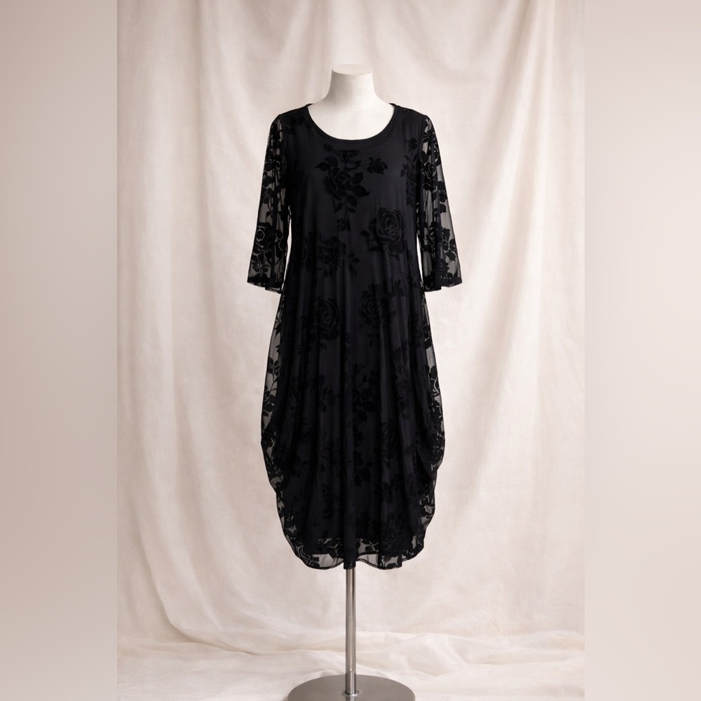 Alembika Black Cocoon Dress NWT Stretch Floral Mesh Overlay Slip Size US 12–14